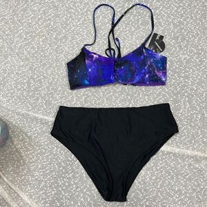 HOT TOPIC Galaxy Purple Lattice Reversible Swim Swimsuit Bikini Large NWT